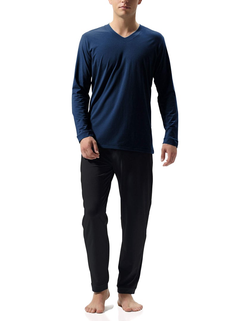 DAVID ARCHY Men's Pajamas Set Soft Cotton Long Sleeve Sleepwear Comfy Loungewear Pjs with Pockets (M, Navy Blue) - Image 1